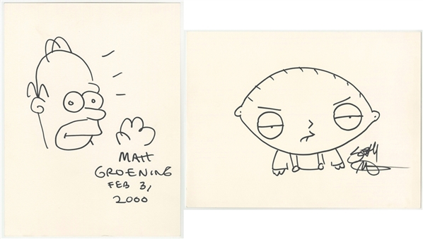 Lot of (2) Original Sketches Signed by Seth MacFarlane and Matt Groening (PSA/DNA PreCert)